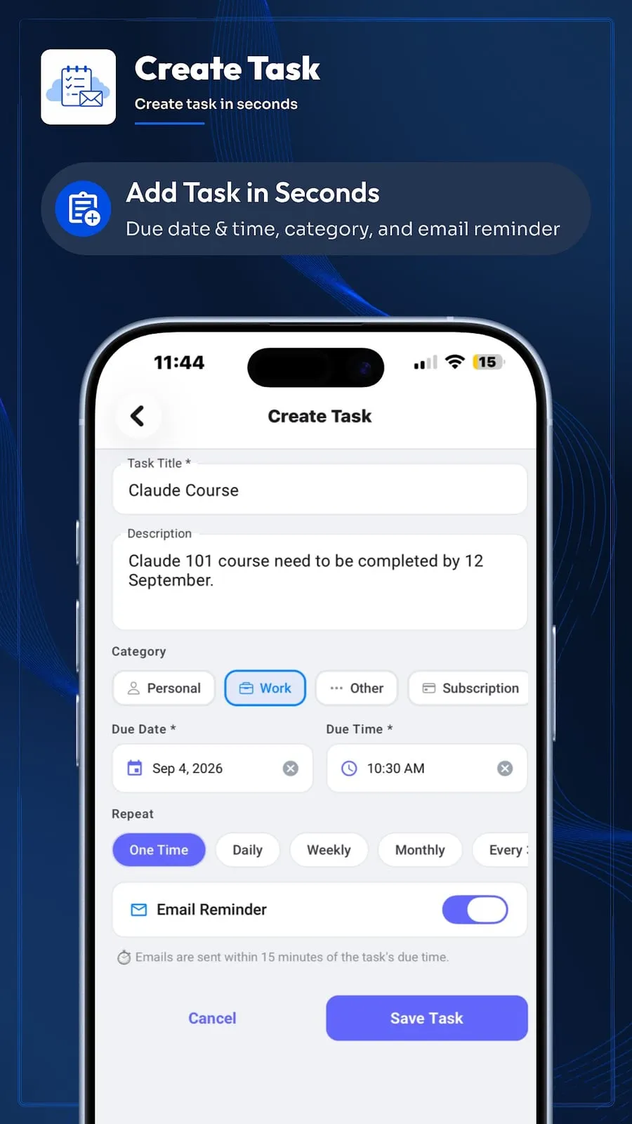 Smart Reminder: Create a task with email reminder