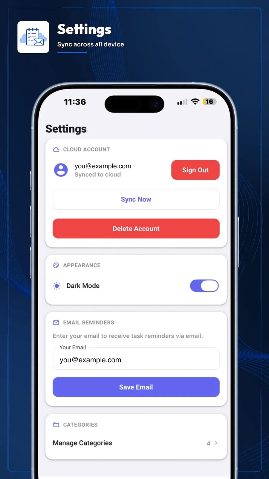 Smart Reminder: Settings, sync and email